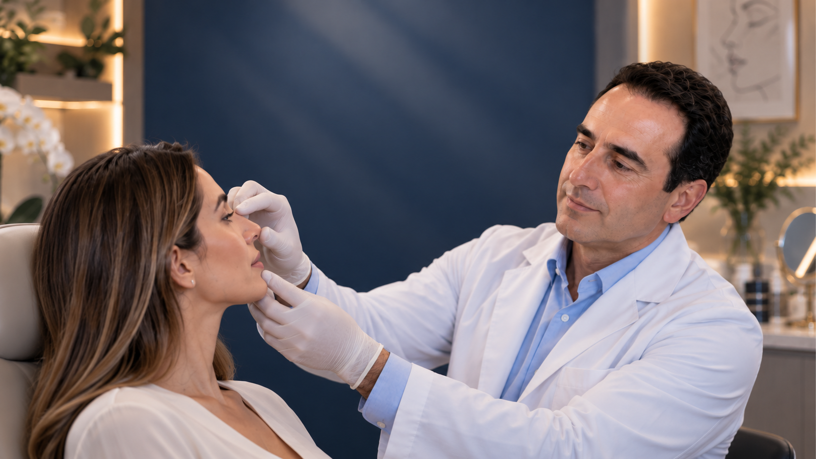 Dr. Gianpiero Gaita realizando una evaluación de rinoplastia a una paciente